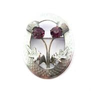 Vintage Scottish Style Faux Amethyst Set Double Thistle Flower Design Brooch By Mizpah