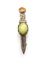 Vintage Scottish Style Faux Connemara Marble And Rhinestone Set Dirk Dagger Design Brooch