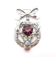 Vintage Scottish Style Stag And Faux Amethyst Thistle Flower Detailed Drop Design Brooch
