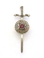 Vintage Scottish Style Sword And Shield Design Brooch with Faux Amethyst Rhinestone