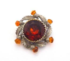 Vintage Scottish Thistle Style Rhinestone And Glass Topper Set Brooch By Exquisite