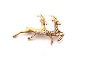 Vintage Small And Dainty 9ct Gold Fully Hallmarked Paste Set Leaping Antelope Design Brooch