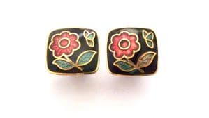 Vintage Small And Dainty Cloisonne Enamel Butterfly And Flower Design Earrings