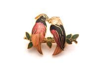 Vintage Small And Dainty Cloisonne Enamel Lovebirds Bird Design Brooch