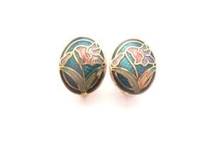 Vintage Small And Dainty Cloisonne Pink And Lilac Flower Design Blue Clip On Earrings