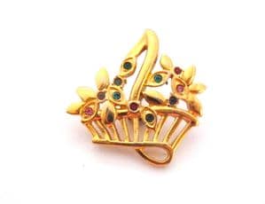 Vintage Small And Dainty Rhinestone Detailed Flower Basket Design Brooch
