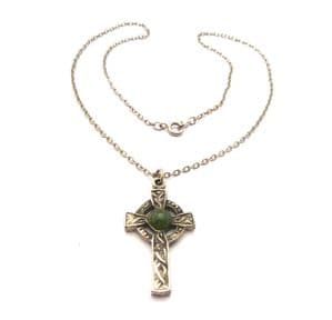 Vintage Small And Dainty Scottish Celtic Cross Style Faux Green Gem Set Choker Necklace