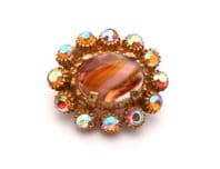 Vintage Small Aurora Borealis Rhinestone Set Modernist Style Marbled Porphyry Glass Set Brooch
