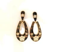 Vintage Small Black And White Cloisonne Enamel Floral Drop Design Earrings By Fish And Crown