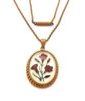 Vintage Small Carnation Flower Design Reverse Carved Crystal Glass Pendant And Short Necklace Chain