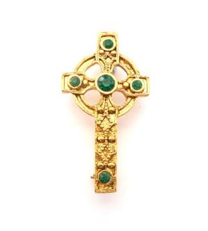 Vintage Small Celtic Cross Design Green Rhinestone Set Brooch