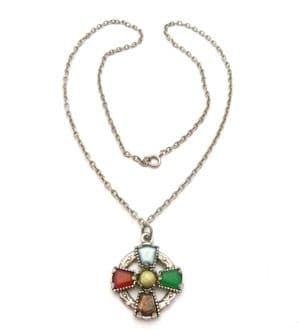 Vintage Small Celtic Scottish Cross Style Necklace With Faux Gemstones