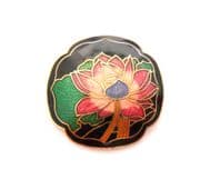 Vintage Small Cloisonne Enamel Black And Red Lotus Flower Design Brooch