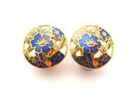 Vintage Small Cloisonne Enamel Floral Design Clip On Earrings