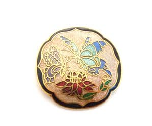 Vintage Small Cloisonne Enamel Flower And Butterfly Design Brooch