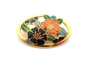 Vintage Small Cloisonne Enamel Oval Shaped Floral Flower Design Brooch