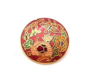 Vintage Small Cloisonne Enamel Red Butterflies Visiting Flowers Floral Design Brooch