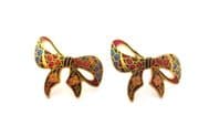 Vintage Small Cloisonne Enamel Ribbon Bow Design Floral Detailed Earrings