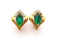 Vintage Small Emerald Green and Clear Rhinestone Set Abstract Geometric Design Clip On Earrings