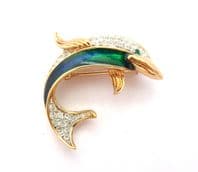 Vintage Small Enamel And Crystal Rhinestone Set Dolphin Design Brooch By Attwood And Sawyer