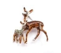 Vintage Small Enamel And Marcasite Deer And Fawn  Brooch