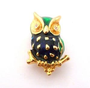 Vintage Small Enamel And Rhinestone Set Wise Owl Bird Design Brooch