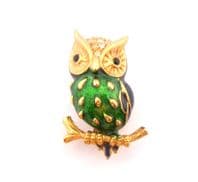 Vintage Small Enamel And Rhinestone Wise Owl Bird Design Brooch