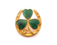 Vintage Small Irish Style Enamel Detailed Horseshoe And Shamrock Design Brooch