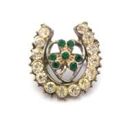 Vintage Small Irish Style Rhinestone Detailed Horseshoe And Shamrock Design Brooch