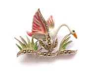 Vintage Small Marcasite And Cold Painted Enamel Swan Bird Design Brooch