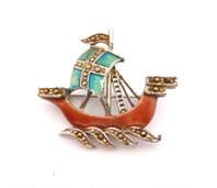 Vintage Small Marcasite And Enamel Detailed Galleon Ship Design Brooch