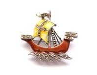 Vintage Small Marcasite And Enamel Galleon Ship Design Brooch
