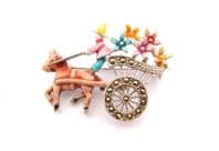 Vintage Small Marcasite And Enamel Horse And Flower Cart Design Brooch