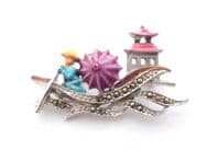 Vintage Small Marcasite And Enamel Junk Style Sailing Design Brooch