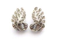 Vintage Small Marcasite Set Curving Leaf Design Clip On Earrings