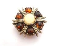 Vintage Small Scottish Style Faux Tortoiseshell and Moonstone Glass Cabochon Set Brooch By Miracle