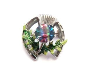 Vintage Small Scottish Style Thistle Flower Horseshoe Design Rainbow Glass  Brooch By Mizpah
