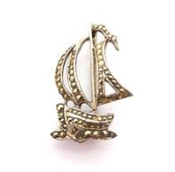 Vintage Small Sterling Silver And Marcasite Ship Design Brooch