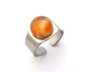 Vintage Stainless Steel And Carnelian Cabochon Modernist Style Adjustable Size Ring