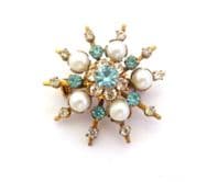 Vintage Star Burst Atomic Style Brooch With Pale Blue Rhinestones And Faux Pearls