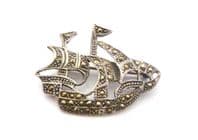 Vintage Sterling Silver And Marcasite Set Galleon Ship Design Brooch
