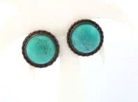 Vintage Sterling Silver Faux Turquoise Blue Ceramic Cabochon Set Screw Backs Earrings