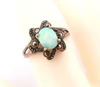 Vintage Sterling Silver Marcasite And Opal Floral Design ring
