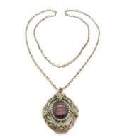 Vintage Stylised Celtic Cross Style Oval Pendant And Necklace With Faux Amethyst Glass
