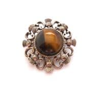 Vintage Tigers Eye Gemstone Set Scottish Style Thistle Flower Detailed Brooch