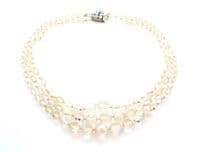 Vintage Triple Stranded Aurora Borealis Crystal Beaded Short Length Statement Necklace