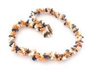 Vintage Triple Stranded Twisted Mother Of Pearl ,Coral And Lapis Lazuli Beaded  Choker Necklace