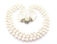 Vintage Triple Stranded  White Milk Glass Beaded Hand Knotted Choker Necklace With Rhinestone Clasp