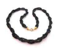 Vintage Twisted Black Glass Seed Bead Torsade Design Mid Length Boho Necklace