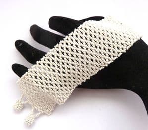 Vintage Wide Woven White Seed Bead Boho Style Bracelet